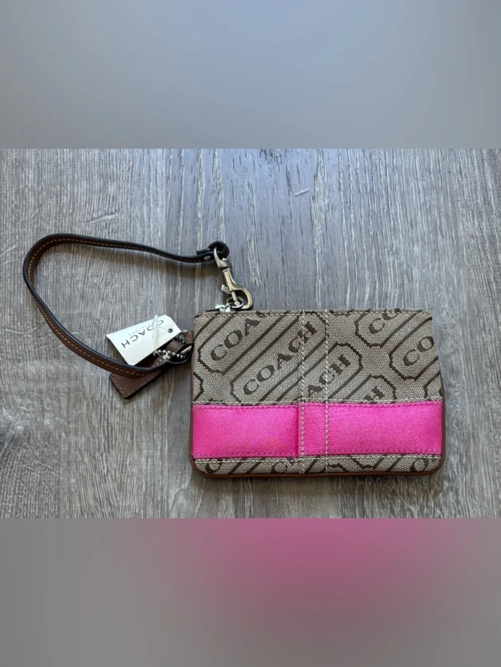 Coach Signature Wristlet in Brown and Hot Pink